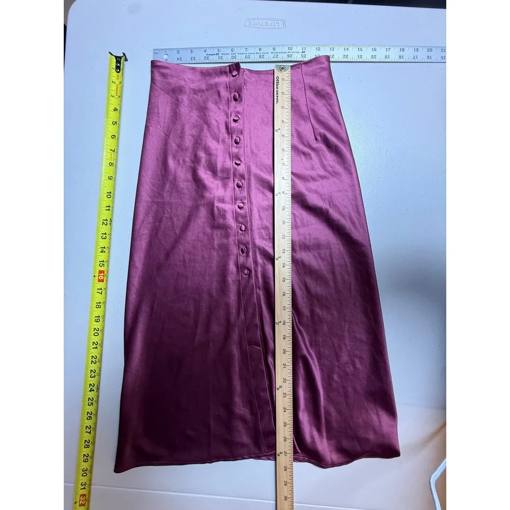 Forever 21 Burgundy Satin Button Front Midi Skirt Small High Waist Slit Plum
